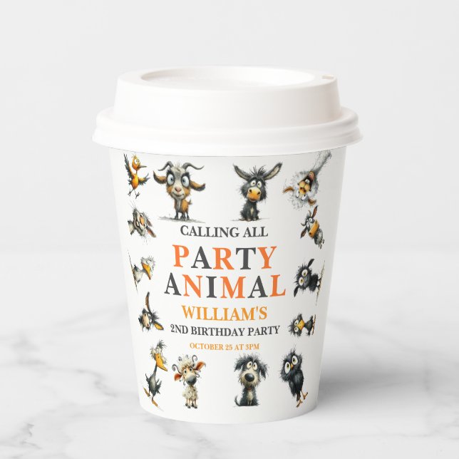 Whimsical Funny Animals 2nd Birthday Party Paper Cups (Front)
