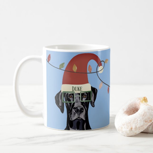 Whimsical Funny Black Dog Christmas Lights Helper Coffee Mug (With Donut)
