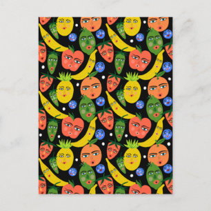 Whimsical Funny Fruit Salad Pattern Black Postcard
