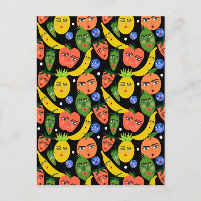 Whimsical Funny Fruit Salad Pattern Black Postcard (Front)