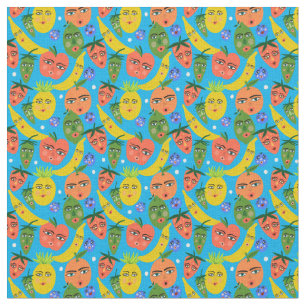 Whimsical Funny Fruit Salad Pattern Blue Fabric