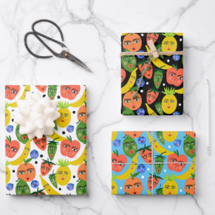 Whimsical Funny Fruit Salad Pattern Variety Pack Wrapping Paper Sheet