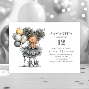 Whimsical Funny Girl 10th Black Gold Birthday Invitation