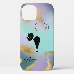 Whimsical Funny trendy black cat abstract  iPhone 12 Case