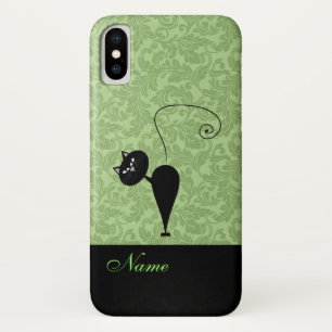 Whimsical Funny trendy black cat damask iPhone X Case