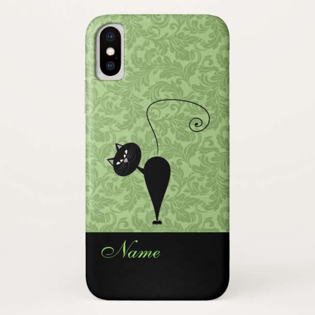 Whimsical Funny trendy black cat damask Case-Mate iPhone Case (Back)