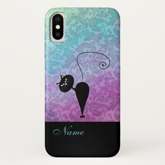 Whimsical Funny trendy black cat damask Case-Mate iPhone Case (Back)