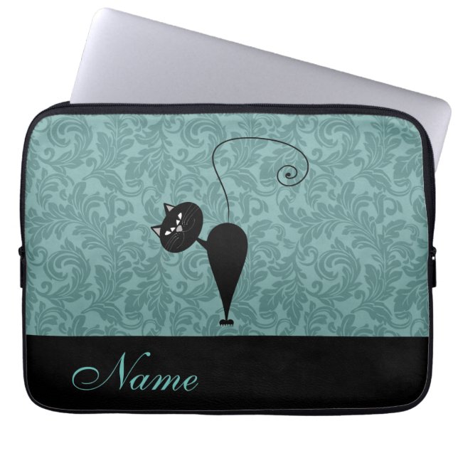 Whimsical Funny trendy black cat damask Case-Mate  Laptop Sleeve (Front)