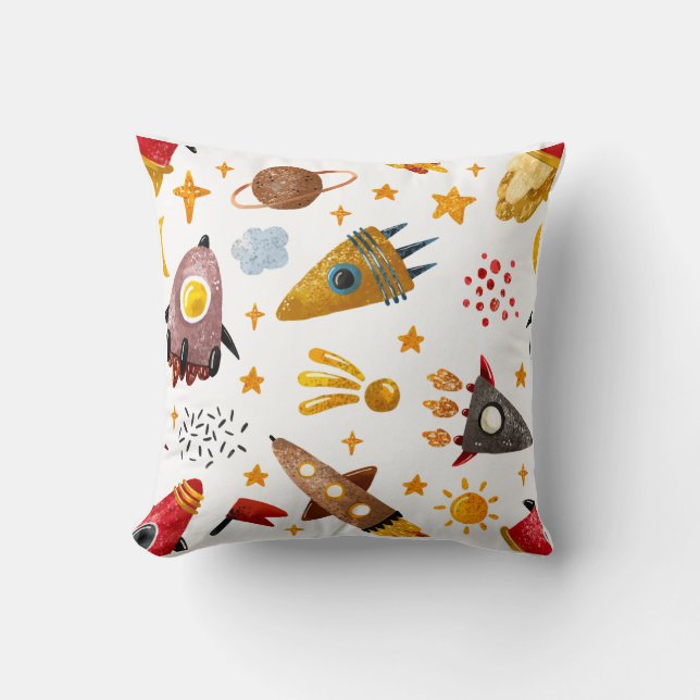 Whimsical Galaxy Rocket Ship Pattern Kids Decor Cushion (Front)