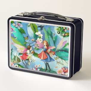 Whimsical Garden and Two Girl Fairies Metal Lunch Box