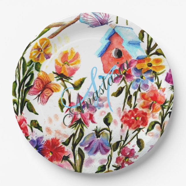 WHIMSICAL GARDEN BIRD HOUSE MONOGRAM PARTY PAPER PLATE (Front)