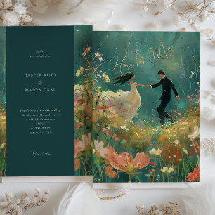 Whimsical Garden Dance - Teal and Coral Wedding Invitation