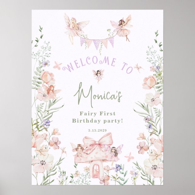 Whimsical garden Fairy First Birthday Welcome Poster (Front)