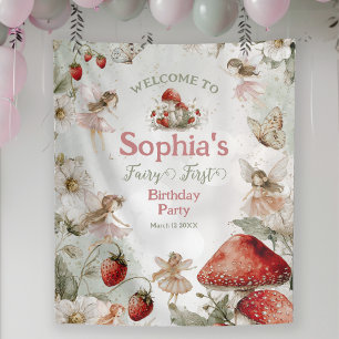 whimsical garden fairy first birthday welcome sign tapestry