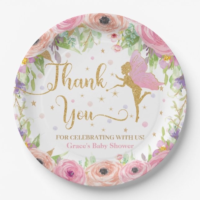 Whimsical Garden Fairy Floral Baby Shower Birthday Paper Plate (Front)