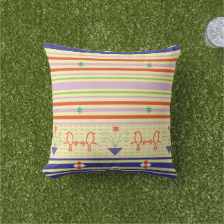 Whimsical Garden: Folk-Art Bird & Striped Pastel Cushion