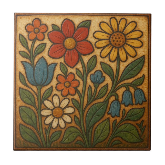 Whimsical Garden Folk Art Ceramic Tile (Front)