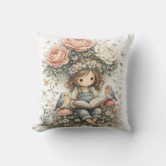 Whimsical Garden Girl Reading with Birds, Flower Cushion