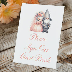 Whimsical Garden Gnome Rustic Wedding Guest Book Pedestal Sign