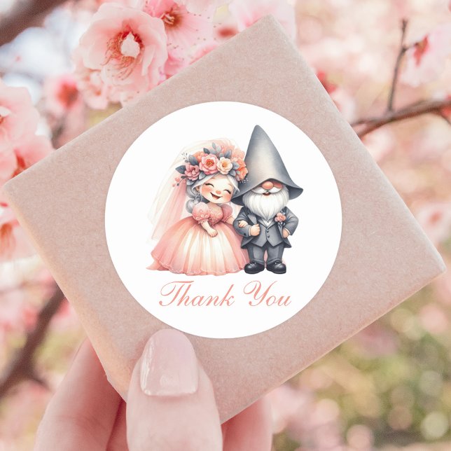 Whimsical Garden Gnome Rustic Wedding Thank You Classic Round Sticker (Creator Uploaded)