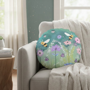 Whimsical Garden Meadow Bees Flowers Fireflies  Round Cushion