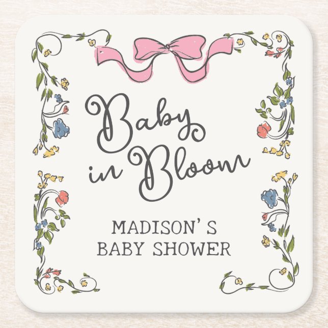 Whimsical Garden Party Doodle Floral Baby Shower Square Paper Coaster (Front)
