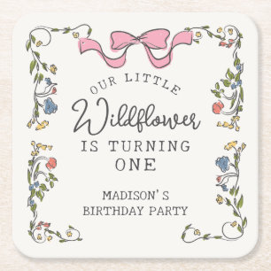 Whimsical Garden Party Doodle Floral Birthday Square Paper Coaster