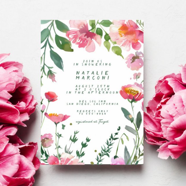 Whimsical Garden Pink Flowers Girl Baby Shower Invitation (Creator Uploaded)