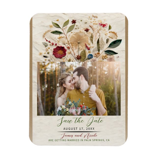 Whimsical Garden Pressed Flowers Bohemian Wedding Magnet (Vertical)