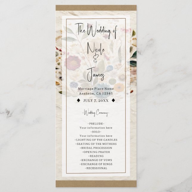 Whimsical Garden Pressed Flowers Bohemian Wedding Program (Front)
