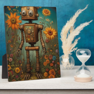 Whimsical Garden Robot Digital Art Tabletop Plaque