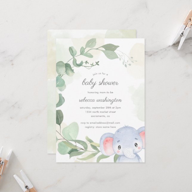 Whimsical Gender Neutral Elephant Baby Shower Invitation (Front/Back In Situ)