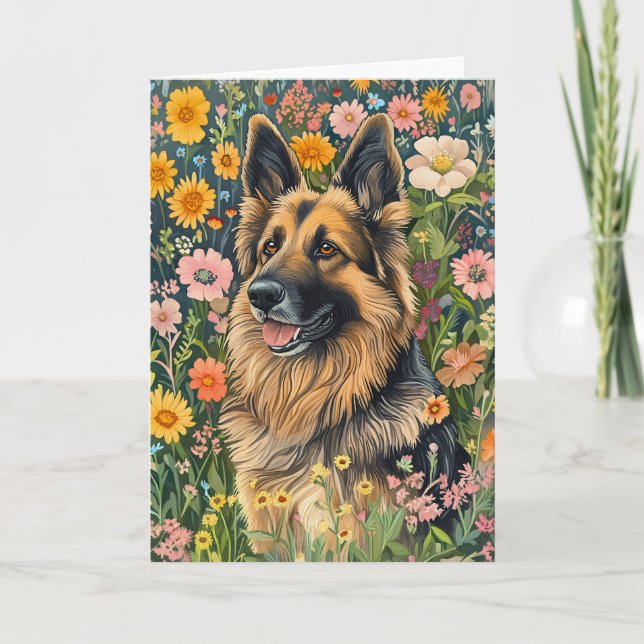 Whimsical German Shepherd in a Flower Garden Card (Front)