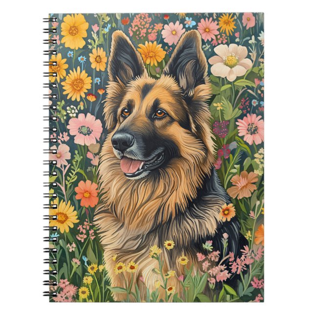 Whimsical German Shepherd in a Flower Garden Notebook (Front)