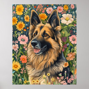 Whimsical German Shepherd in a Flower Garden Poster