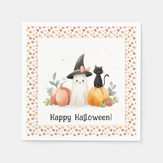 Whimsical Ghost and Black Cat Halloween Napkin (Front)