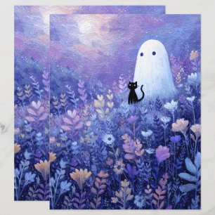 Whimsical Ghost and Cat in Meadow Scrapbook Paper
