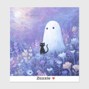 Whimsical Ghost and Cat in Twilight Meadow