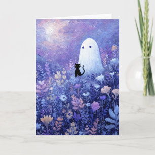 Whimsical Ghost and Cat in Twilight Meadow Card