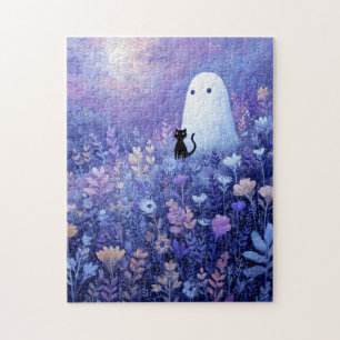 Whimsical Ghost and Cat in Twilight Meadow Jigsaw Puzzle