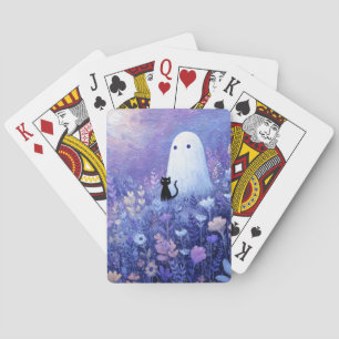 Whimsical Ghost and Cat in Twilight Meadow Playing Cards