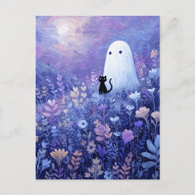 Whimsical Ghost and Cat in Twilight Meadow Postcard (Front)