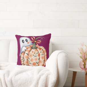 Whimsical Ghost and Floral Pumpkin Peek Halloween Cushion