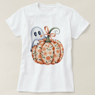 Whimsical Ghost and Floral Pumpkin Peek Halloween T-Shirt