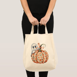 Whimsical Ghost and Floral Pumpkin Peek Halloween Tote Bag