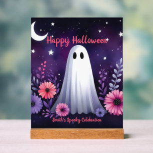 Whimsical Ghost and Floral Spooky Pink Purple Acrylic Sign