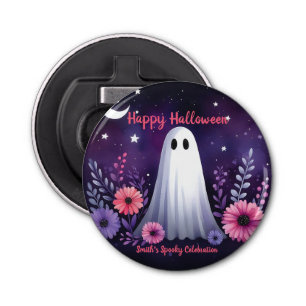 Whimsical Ghost and Floral Spooky Pink Purple Bottle Opener
