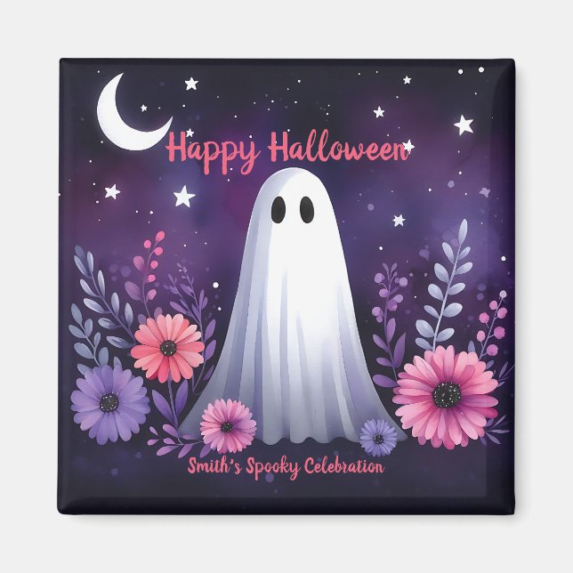 Whimsical Ghost and Floral Spooky Pink Purple Magnet (Front)