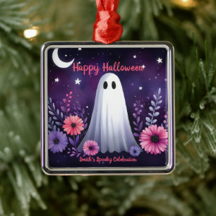 Whimsical Ghost and Floral Spooky Pink Purple Metal Ornament