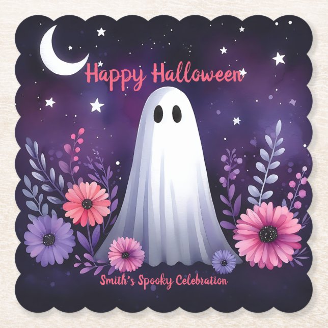 Whimsical Ghost and Floral Spooky Pink Purple Paper Coaster (Front)